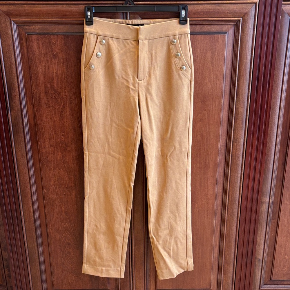 Camel Slim Trousers with Decorative Buttons